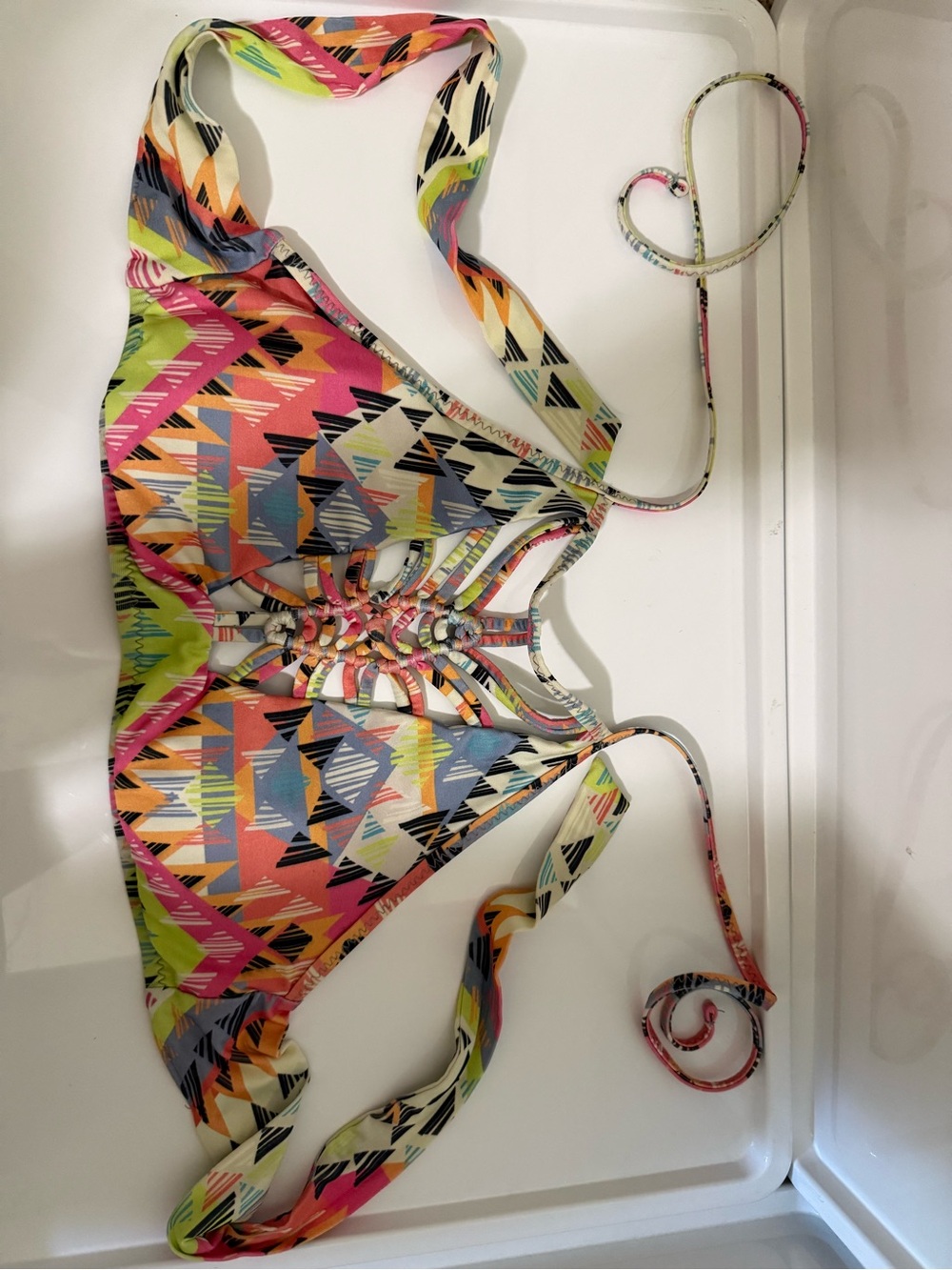 BECCA Multicolor Geometric Halter Bikini Top - Pink, Green, Blue, Yellow